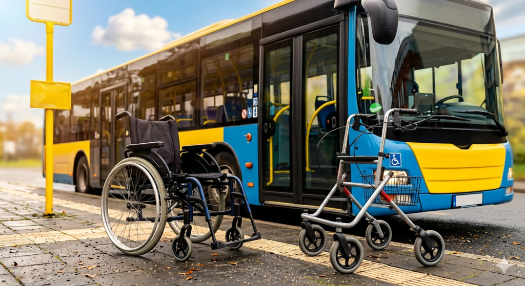 Symbolbild: Rollstuhl und Rollator mit Linienbus im Hintergrund an einer Bushaltestelle.