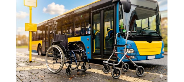 Symbolbild: Rollstuhl und Rollator mit Linienbus im Hintergrund an einer Bushaltestelle.