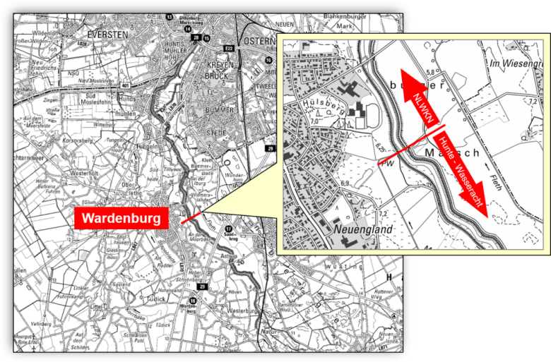 Karte vom NLWKN zum Hunteverlauf in der Gemeinde Wardenburg